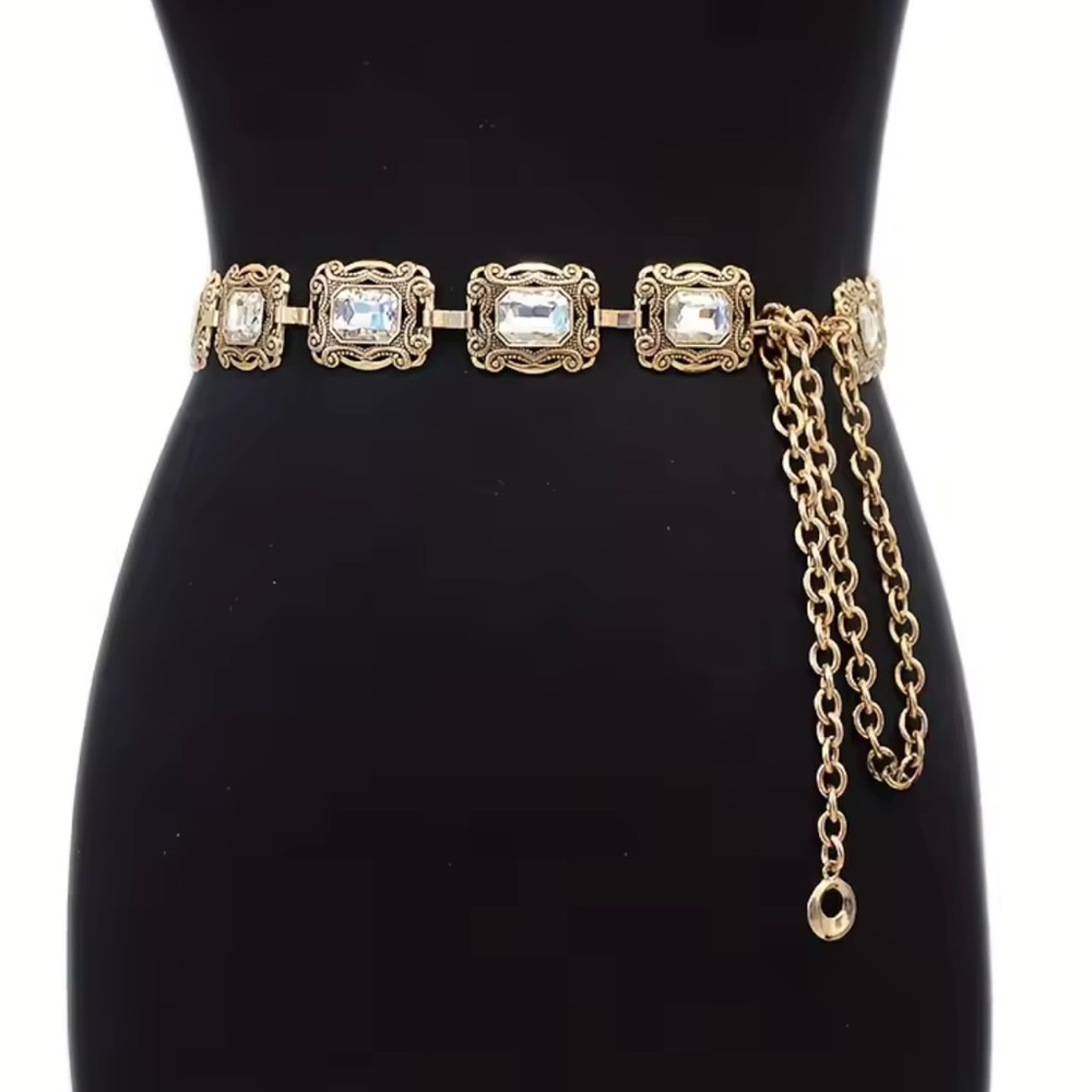 Anthropologie Gold Chain Belt with Clear Gem Accents